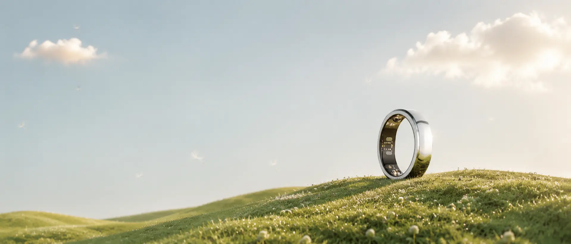 Silver smart ring standing on a sunlit green hill beneath an open sky