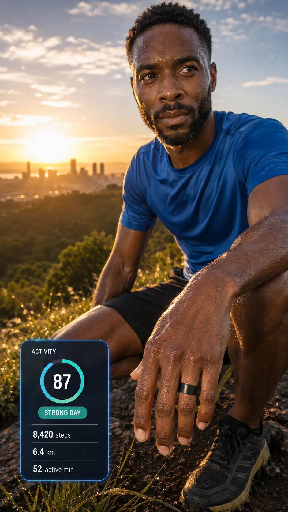 Runner wearing a black QÛntm smart ring beside a strong activity summary